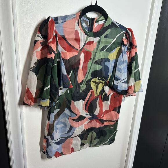 Rebecca Taylor Botanical Garden Mock Neck Blouse Size 2 Black Combo Silk Blend - Picture 3 of 14